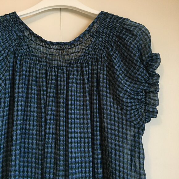 Checkered Chiffon Ruched Puff Sleeve Milkmaid Blouse - Picture 6 of 12